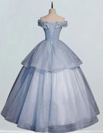 Blue Off-Shoulder Lace Applique Ball Gown | Girls' Elegant Prom & Quinceanera Dress