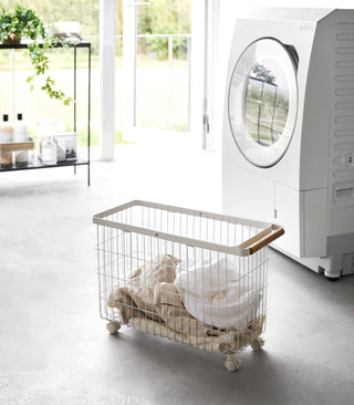 Rolling Wire Basket (15" H)  - Steel + Wood - By Baano