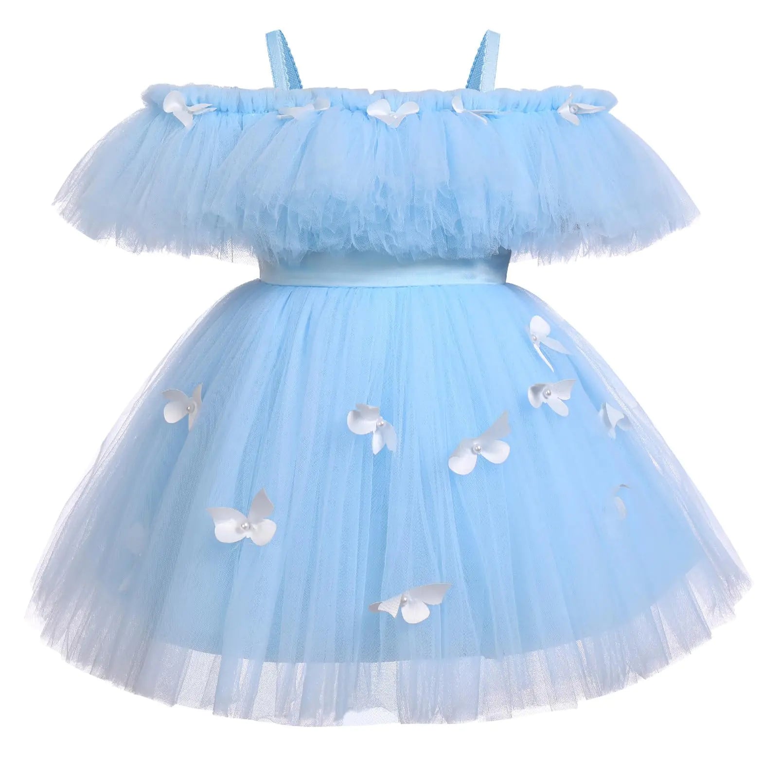 IDOPIP Flower Girl Butterfly Tutu Dress for Kids-Baby First Communion Wedding Party Dresses-Toddler Little Princess Pageant Birthday Ruffle Off Shoulder Tulle Gown-Blue Butterfly - Ruffle - 2-3 Years - #  GIAA211710028