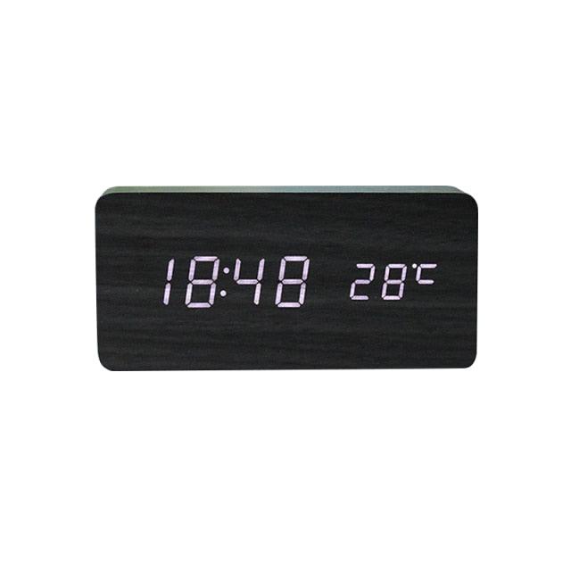 Clocks LED Wooden Alarm Clock Watch Wooden Wood Clock New Version LED Alarm Digital Desk Clock Adjustable Brightness, Alarm Time, Displays Time Date Temperature  Table Voice Control Digital Wood Electronic Desktop Table Stevvex