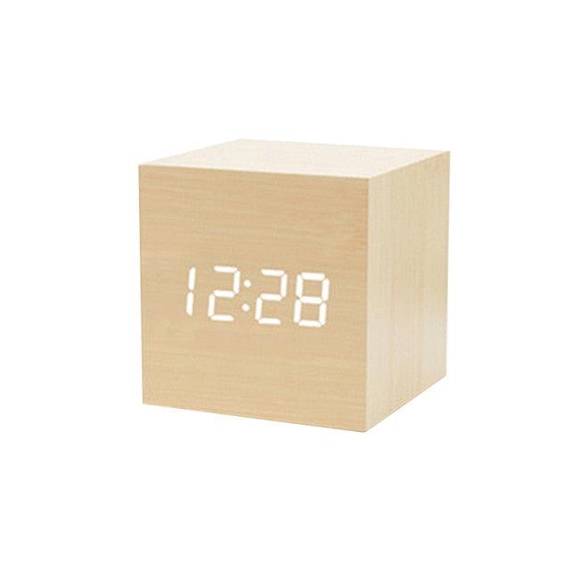 Clocks LED Wooden Alarm Clock Watch Wooden Wood Clock New Version LED Alarm Digital Desk Clock Adjustable Brightness, Alarm Time, Displays Time Date Temperature  Table Voice Control Digital Wood Electronic Desktop Table Stevvex