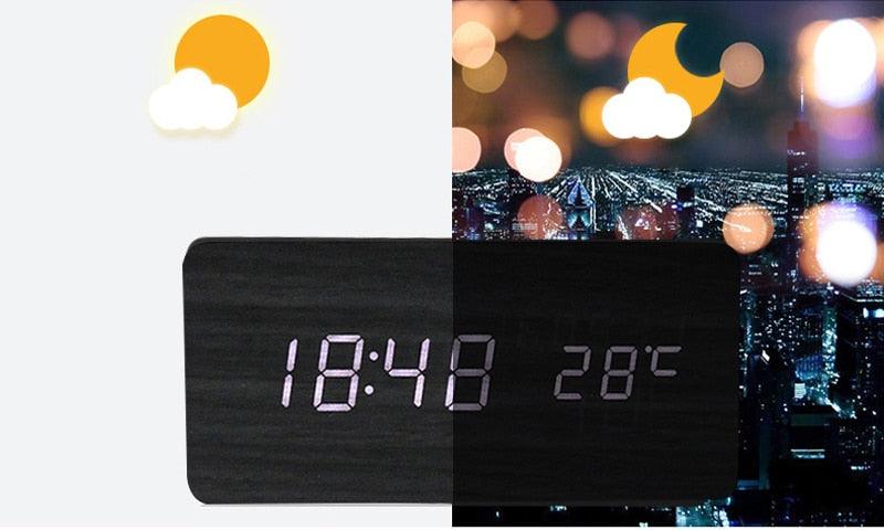 Clocks LED Wooden Alarm Clock Watch Wooden Wood Clock New Version LED Alarm Digital Desk Clock Adjustable Brightness, Alarm Time, Displays Time Date Temperature  Table Voice Control Digital Wood Electronic Desktop Table Stevvex