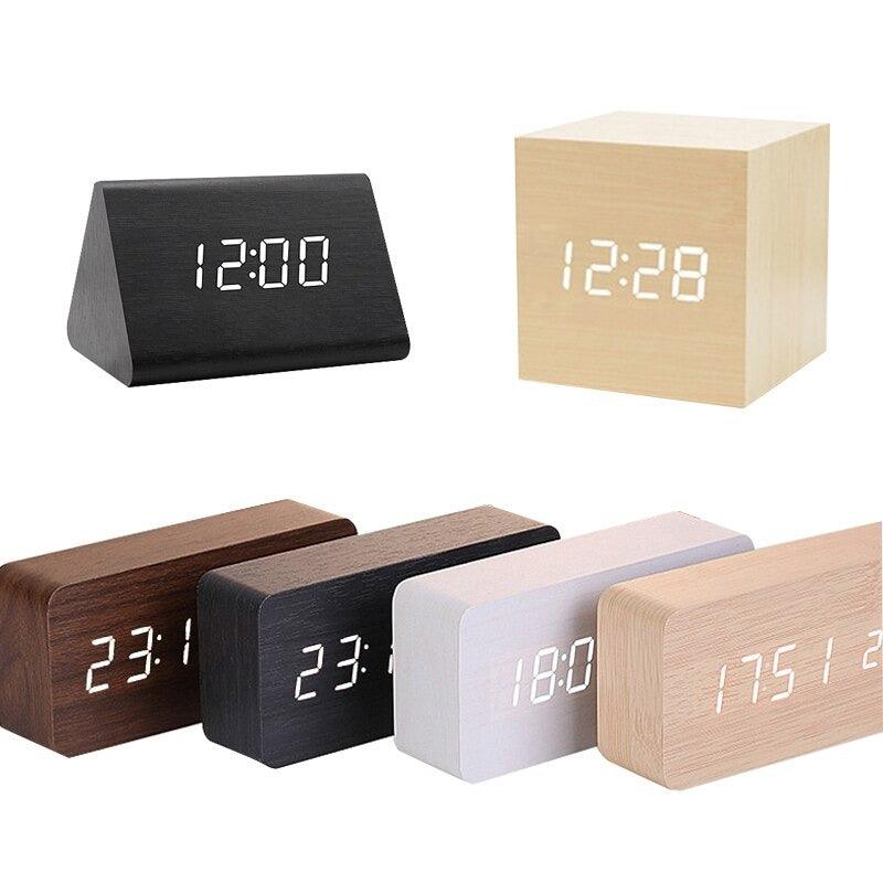 Clocks LED Wooden Alarm Clock Watch Wooden Wood Clock New Version LED Alarm Digital Desk Clock Adjustable Brightness, Alarm Time, Displays Time Date Temperature  Table Voice Control Digital Wood Electronic Desktop Table Stevvex