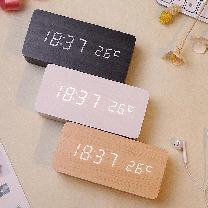 Clocks LED Wooden Alarm Clock Watch Wooden Wood Clock New Version LED Alarm Digital Desk Clock Adjustable Brightness, Alarm Time, Displays Time Date Temperature  Table Voice Control Digital Wood Electronic Desktop Table Stevvex