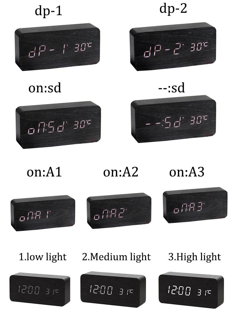 Clocks LED Wooden Alarm Clock Watch Wooden Wood Clock New Version LED Alarm Digital Desk Clock Adjustable Brightness, Alarm Time, Displays Time Date Temperature  Table Voice Control Digital Wood Electronic Desktop Table Stevvex