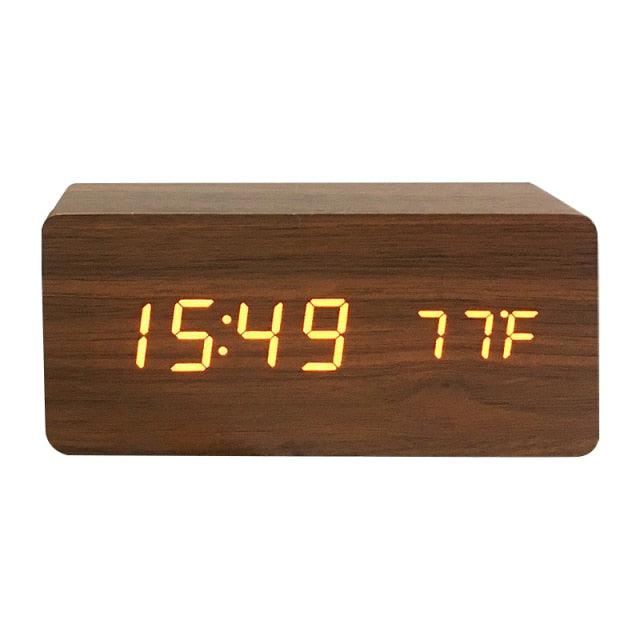 Clocks LED Wooden Alarm Clock Watch Wooden Wood Clock New Version LED Alarm Digital Desk Clock Adjustable Brightness, Alarm Time, Displays Time Date Temperature  Table Voice Control Digital Wood Electronic Desktop Table Stevvex