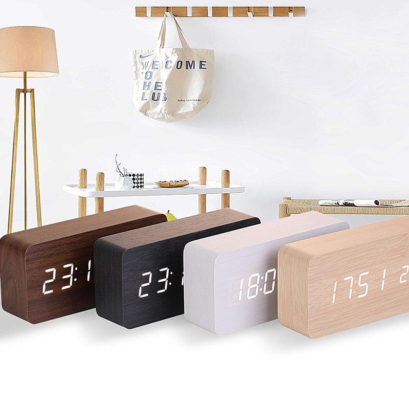 Clocks LED Wooden Alarm Clock Watch Wooden Wood Clock New Version LED Alarm Digital Desk Clock Adjustable Brightness, Alarm Time, Displays Time Date Temperature  Table Voice Control Digital Wood Electronic Desktop Table Stevvex