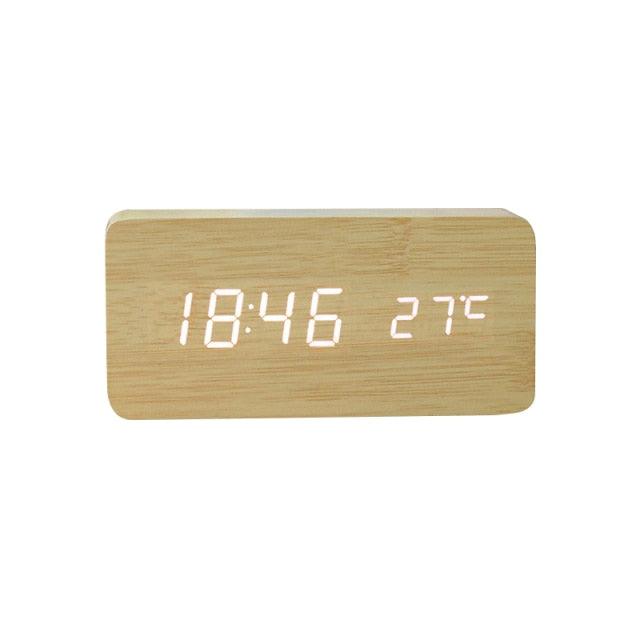 Clocks LED Wooden Alarm Clock Watch Wooden Wood Clock New Version LED Alarm Digital Desk Clock Adjustable Brightness, Alarm Time, Displays Time Date Temperature  Table Voice Control Digital Wood Electronic Desktop Table Stevvex