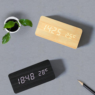 Clocks LED Wooden Alarm Clock Watch Wooden Wood Clock New Version LED Alarm Digital Desk Clock Adjustable Brightness, Alarm Time, Displays Time Date Temperature  Table Voice Control Digital Wood Electronic Desktop Table Stevvex