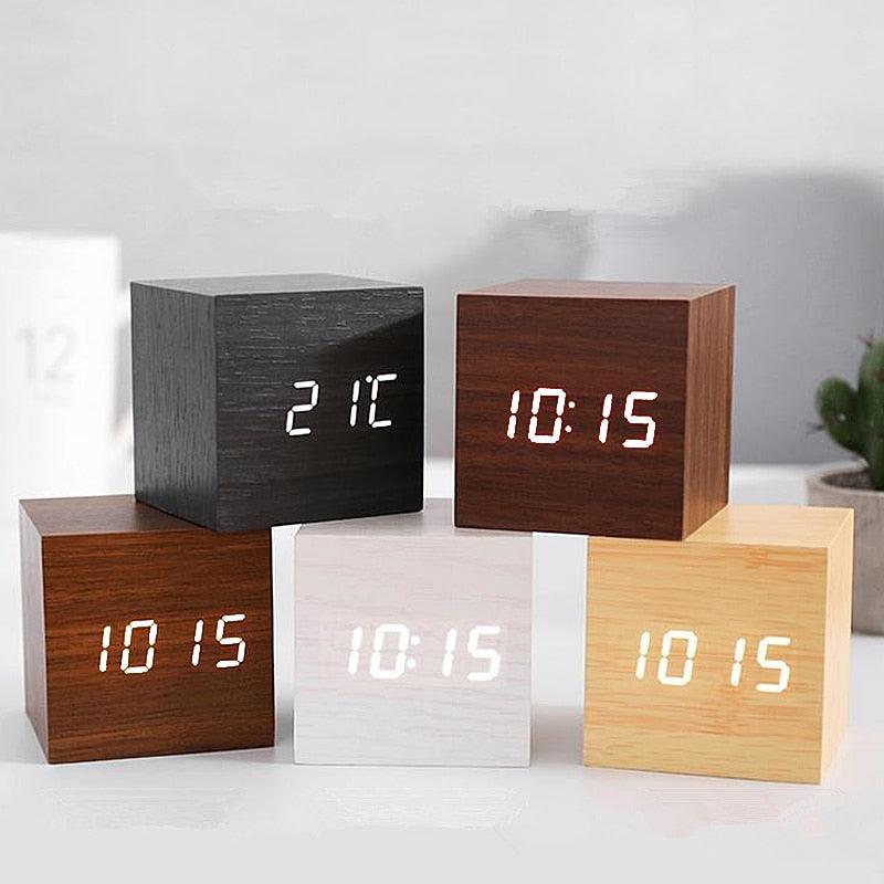 Clocks LED Wooden Alarm Clock Watch Wooden Wood Clock New Version LED Alarm Digital Desk Clock Adjustable Brightness, Alarm Time, Displays Time Date Temperature  Table Voice Control Digital Wood Electronic Desktop Table Stevvex