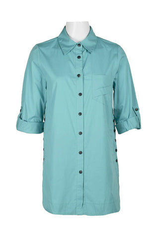Flair Collared Button - Down Button Side 2 Way Sleeve Pockets Solid Cotton Blend Shirt - Glamourous Grace