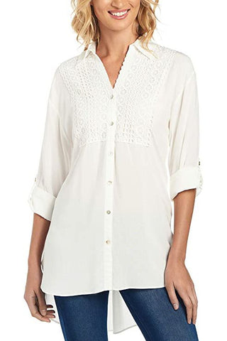 Cupio Collared Button Down 2 Way Sleeve Embellished Hi - Low Hem Viscose Top - Glamourous Grace