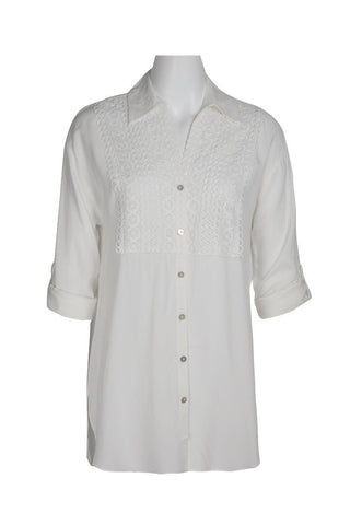 Cupio Collared Button Down 2 Way Sleeve Embellished Hi - Low Hem Viscose Top - Glamourous Grace