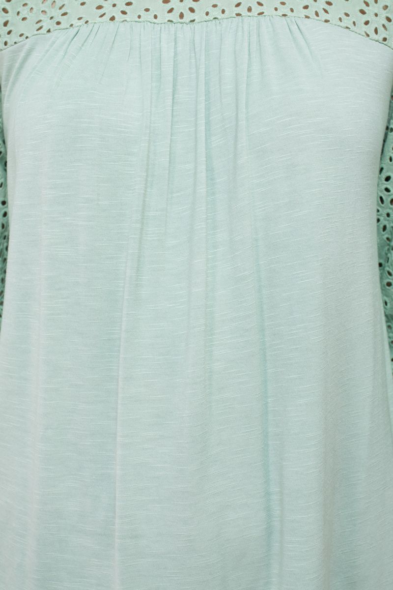 Cupio Round Neck Eyelet ¾ Sleeve Ruffled Shoulders Curved Hem Stretch Crepe Top - Glamourous Grace