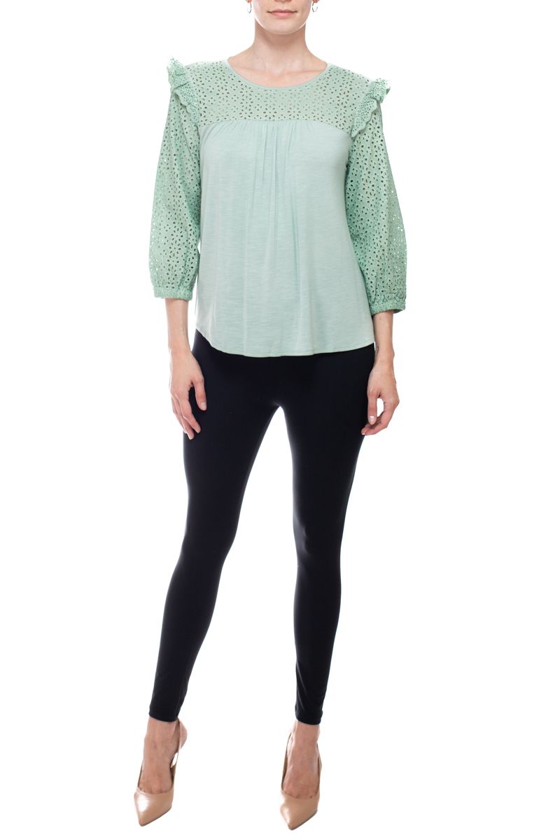 Cupio Round Neck Eyelet ¾ Sleeve Ruffled Shoulders Curved Hem Stretch Crepe Top - Glamourous Grace