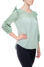 Cupio Round Neck Eyelet ¾ Sleeve Ruffled Shoulders Curved Hem Stretch Crepe Top - Glamourous Grace