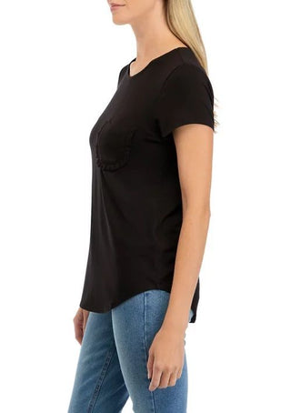 Cupio Crew Neck Cap Sleeve Chest Pocket Stretch Crepe Top - By Baano