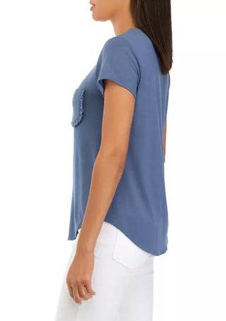 Cupio Crew Neck Cap Sleeve Chest Pocket Stretch Crepe Top - By Baano