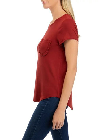 Cupio Crew Neck Cap Sleeve Chest Pocket Stretch Crepe Top - By Baano