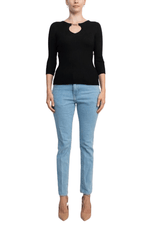 Carmen by Carmen Marc Valvo Boat Neck Cutout Front 3/4 Sleeve Ribbed Pullover Gold and Crystal Hardware Trim Solid Knit Top - Glamourous Grace