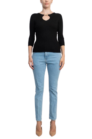 Carmen by Carmen Marc Valvo Boat Neck Cutout Front 3/4 Sleeve Ribbed Pullover Gold and Crystal Hardware Trim Solid Knit Top - By Baano