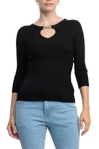 Carmen by Carmen Marc Valvo Boat Neck Cutout Front 3/4 Sleeve Ribbed Pullover Gold and Crystal Hardware Trim Solid Knit Top - By Baano