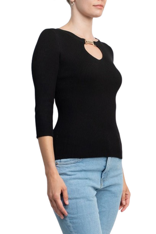 Carmen by Carmen Marc Valvo Boat Neck Cutout Front 3/4 Sleeve Ribbed Pullover Gold and Crystal Hardware Trim Solid Knit Top - By Baano