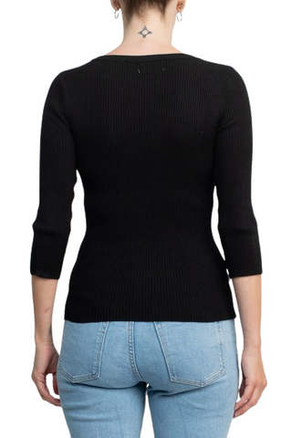 Carmen by Carmen Marc Valvo Boat Neck Cutout Front 3/4 Sleeve Ribbed Pullover Gold and Crystal Hardware Trim Solid Knit Top - By Baano