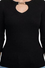 Carmen by Carmen Marc Valvo Boat Neck Cutout Front 3/4 Sleeve Ribbed Pullover Gold and Crystal Hardware Trim Solid Knit Top - Glamourous Grace