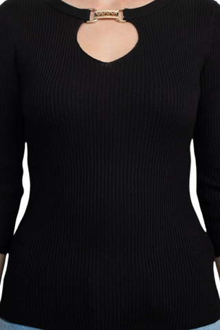 Carmen by Carmen Marc Valvo Boat Neck Cutout Front 3/4 Sleeve Ribbed Pullover Gold and Crystal Hardware Trim Solid Knit Top - By Baano