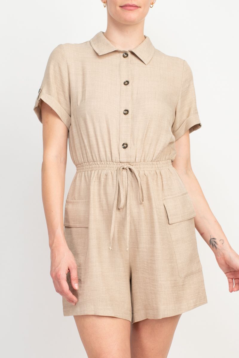 Emma & Michele Light Taupe Polyester Woven Romper - Glamourous Grace