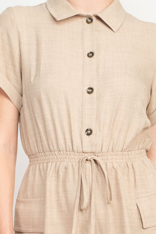 Emma & Michele Light Taupe Polyester Woven Romper - Glamourous Grace