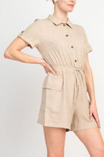 Emma & Michele Light Taupe Polyester Woven Romper - Glamourous Grace
