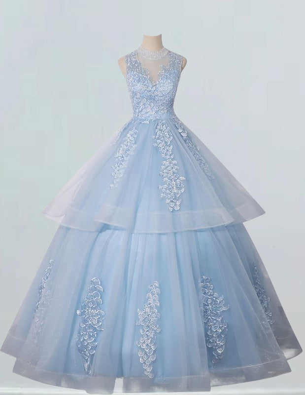Women's Blue Tulle Ball Gown | Lace Applique Boat Neck Evening Dress