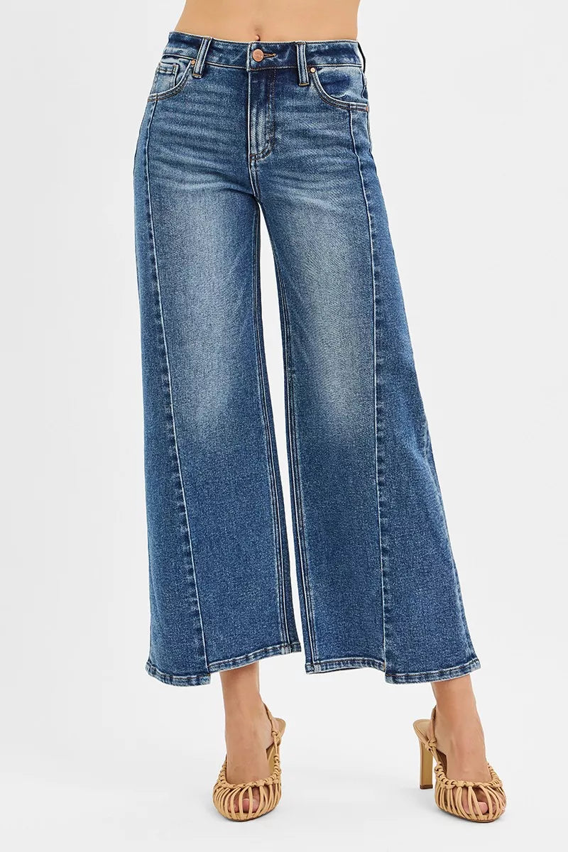 Risen High Rise Crop Wide Leg Jeans With Cropped Step Hem