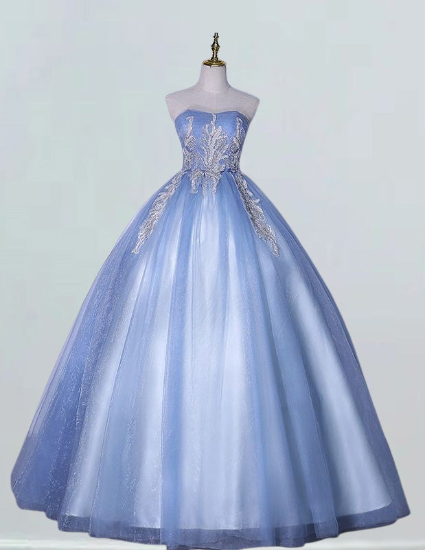 Blue strapless lace applique prom dress ball gown pleated tulle fluffy wedding dress gown