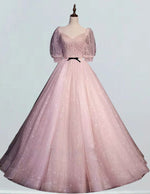 Pink v neck short sleeve long tulle ball gown prom dress evening party dress