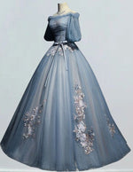 Airy blue a line off the shoulder lace applique bridal ball gown short sleeve evening prom party dress