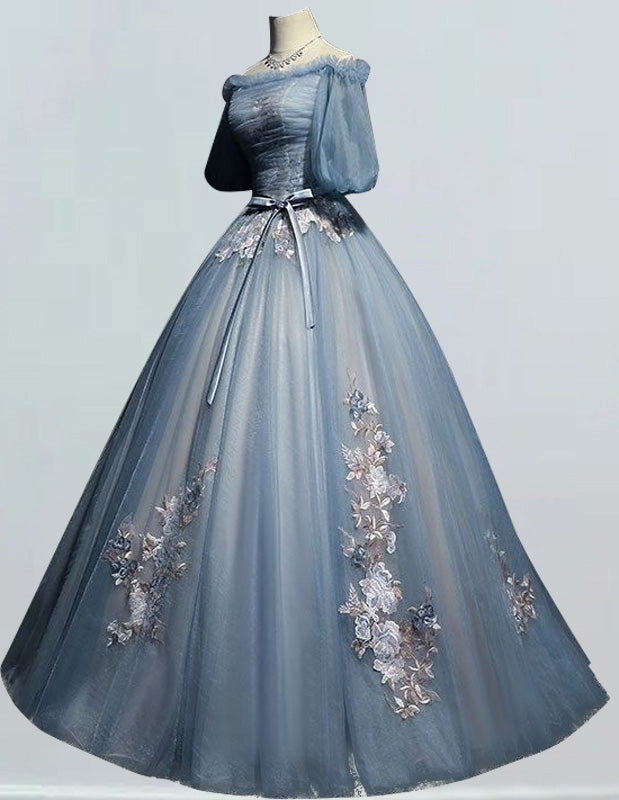 Airy blue a line off the shoulder lace applique bridal ball gown short sleeve evening prom party dress