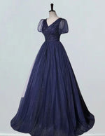 Navy blue beaded evening dress gown pleated long ball gown floor length party dress gown