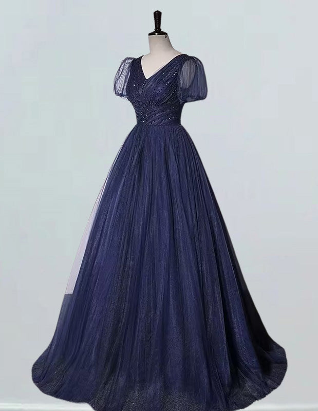 Navy blue beaded evening dress gown pleated long ball gown floor length party dress gown