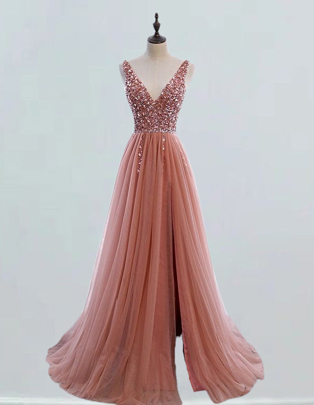 V neck beaded long tulle prom dress,split coral evening gown