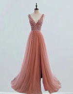 V neck beaded long tulle prom dress,split coral evening gown