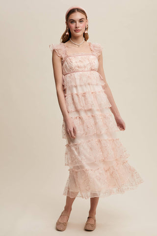 Delicate Floral Embroidered Lace Maxi Dress: Mute Pink