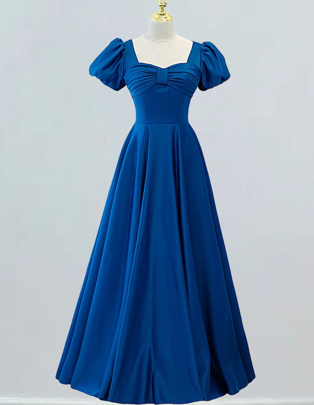 Women's Elegant Blue Satin Prom Gown | Square Neckline, Evening Dress