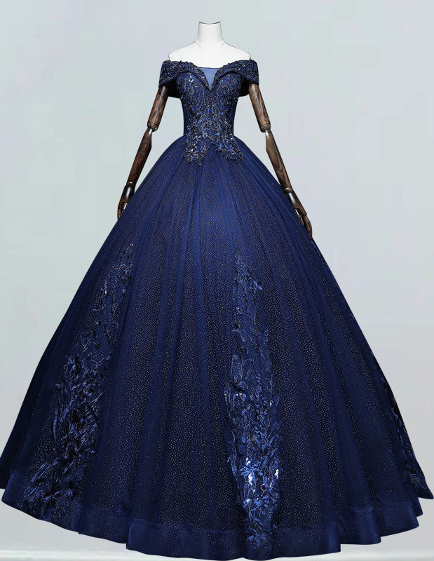 Navy Off-Shoulder Beaded Lace Ball Gown | Elegant Prom & Evening Dress