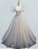 Grey v neck beading lace long sparkle ball gown wedding bridal dress