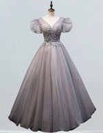 Grey v neck lace applique beading long sparkle ball gown prom dress