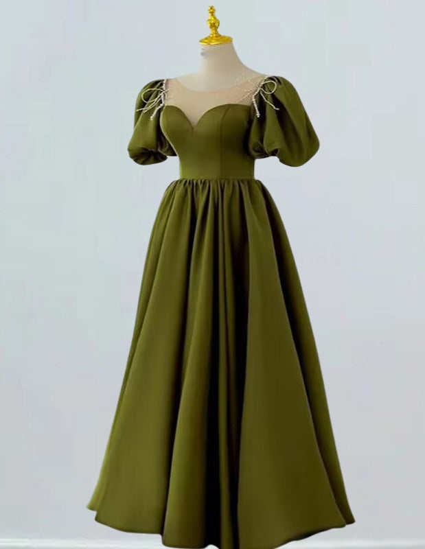 Women's Elegant Green Satin Prom Dress | Short Sleeve Evening Gown