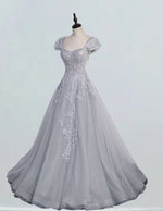 Cap Sleeve Grey Lace Ball Gown | Sweetheart Prom & Evening Dress